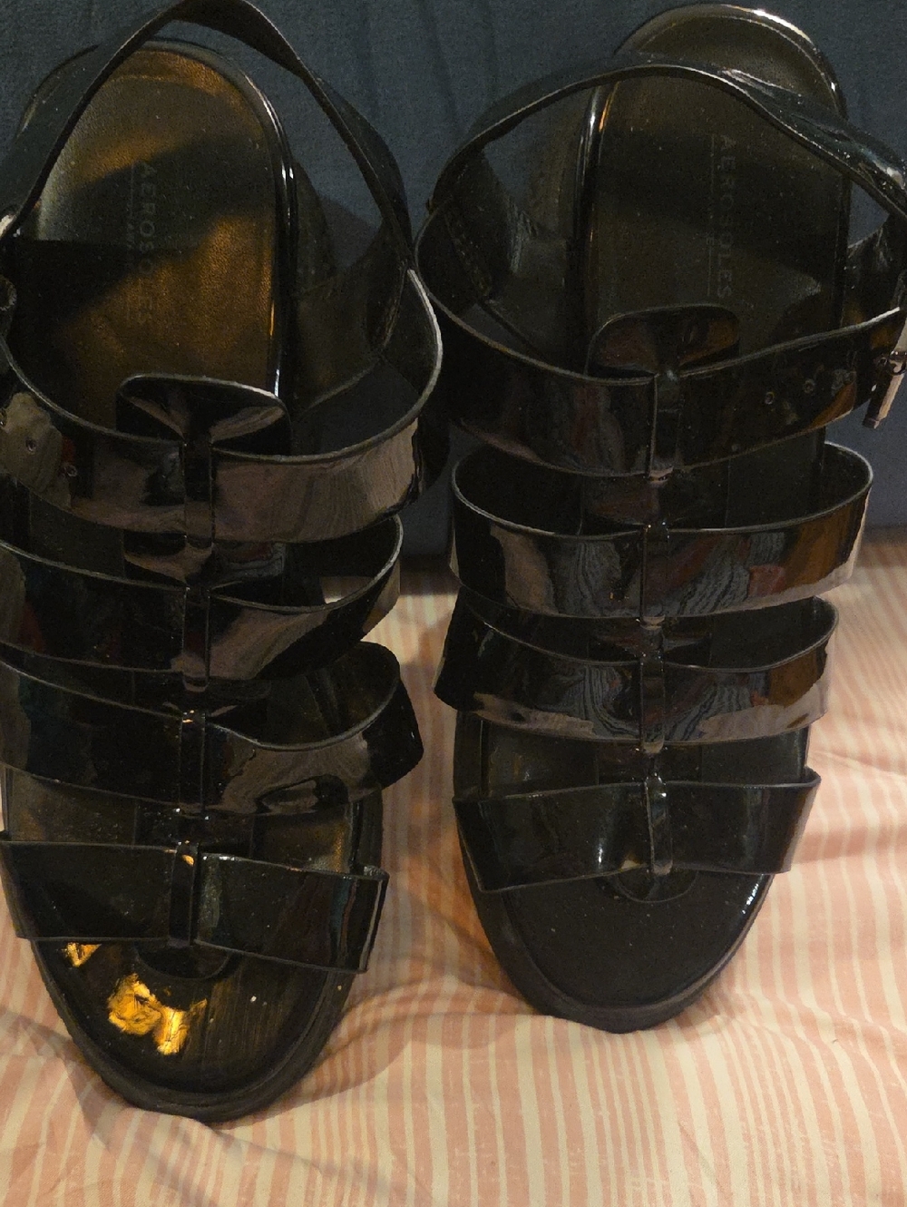 AEROSOLES Black Patent Multi-Strap Gladiator Sandals Sz 7